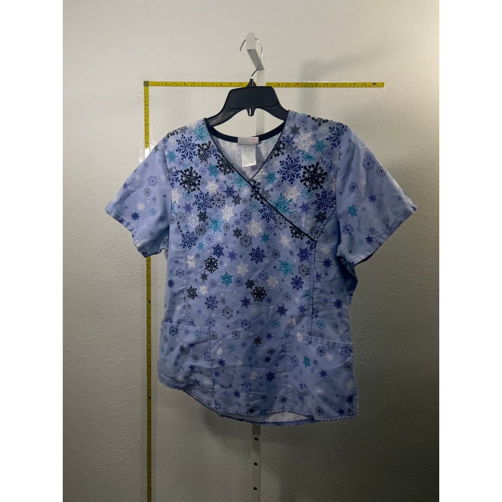 ScrubStar Womens Blue Snowflake Print Mock Wrap Scrub Top V-Neck Medical Size M